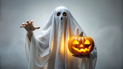 Scary ghost holding a glowing jack o lantern for halloween