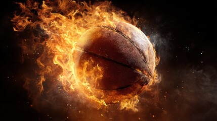 A basketball spins rapidly engulfed in vibrant flames symbolizing intensity and excitement in a high-energy sports environment. The scene captures the spirit of competition.