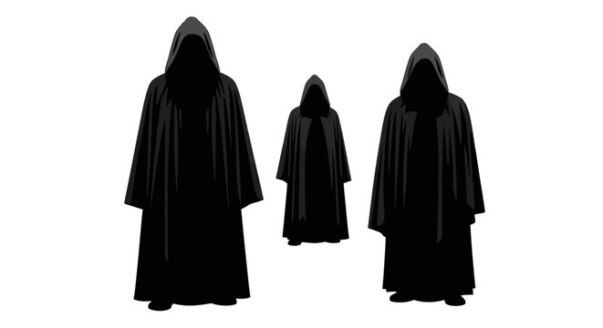 Three mysterious figures cloaked in black robes stand against a white background