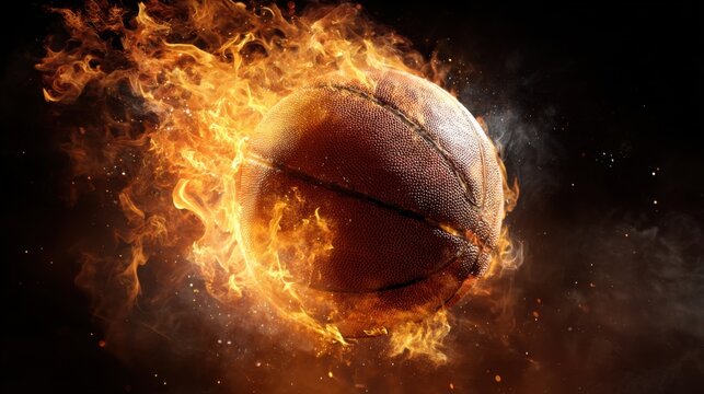 A basketball spins rapidly engulfed in vibrant flames symbolizing intensity and excitement in a high-energy sports environment. The scene captures the spirit of competition.