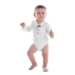 First steps. Cute little baby walking on white background
