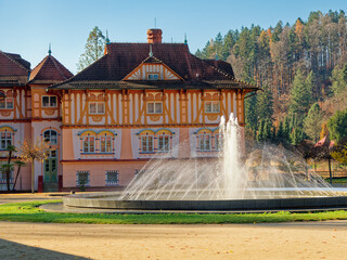 Fountain and old historical building in spa town Luhacovice