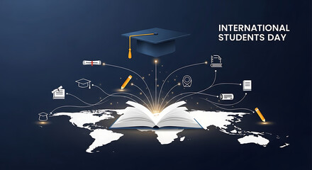 International Students Day Conceptual Illustration Open Book, World Map, Education Icons