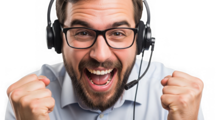 Excited gamer with headset celebrating victory joyful expression close up