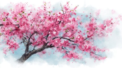 A vibrant cherry blossom tree showcases its pink flowers against a gentle blue sky. This scene captures the beauty of spring highlighting natures colorful display.