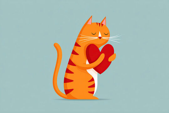 Orange cat hugging red heart on blue background   Cute vector illustration of an orange cat holding a heart. Perfect for Valentine’s Day cards, posters, or children’s designs.