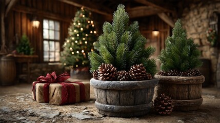 Home holiday decor featuring festive wreaths, vintage trimmings, pine cones and wrapped boxes under a Christmas tree.