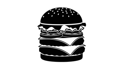 A detailed black and white illustration of a stacked juicy burger