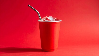 Red cup with ice and metal straw against a red backdrop, creating high contrast and dynamic shadows