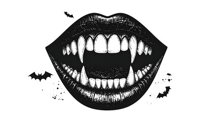 Naklejka premium Monochrome drawing of a vampire's open mouth with sharp teeth and bats flying around it