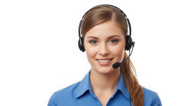 Friendly female customer service agent wearing headset ready to help - Powered by Adobe