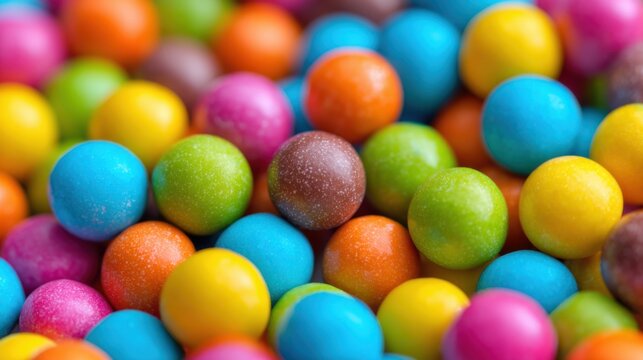 A variety of small round candy balls in bright colors cover a surface. The candies display an array of hues enticing anyone who enjoys sweets. Perfect for sharing at gatherings.