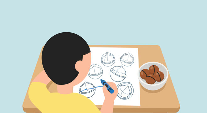 Child Coloring Nuts While Observing Macadamia Nuts In A Bowl On A Table Illustration