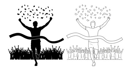 A victorious runner celebrates crossing the finish line with confetti falling