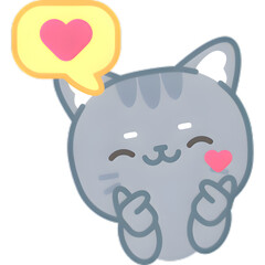 Cute cartoon grey cat making finger hearts with speech bubble