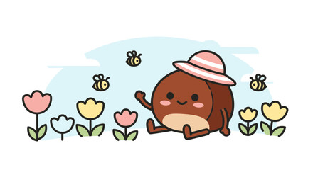 Naklejka premium Charming Nut Character Relaxing Amongst Flowers And Bees In A Pastoral Setting