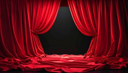 Red, draped stage curtains slightly open to reveal a dark backdrop. Soft lighting emphasizes the fabric folds