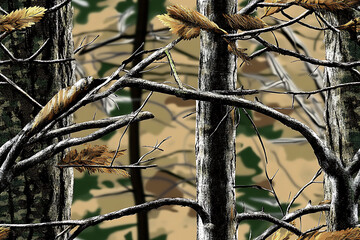 Recreate the classic camouflage pattern of tree trunk and branches, with pine leaves, pine cones, or other forest elements for realism.