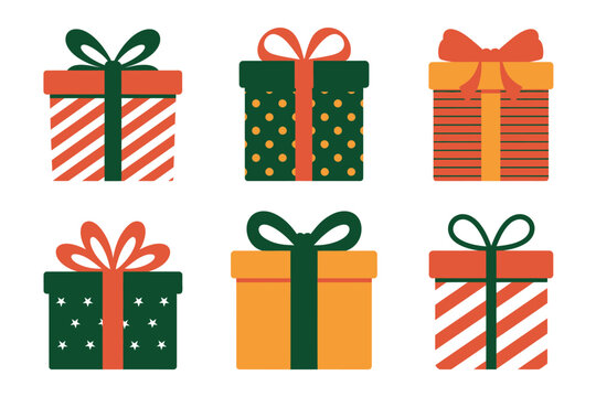 A collection of six festive gift boxes with colorful ribbons are arranged in two rows on a white background.