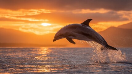 Obraz premium A dolphin jumps out of the water creating a splash as the sun sets on the horizon. The sky is painted in warm hues enhancing the peaceful coastal scene.