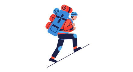 Fototapeta premium Climber Ascending a Steep Slope, Carrying a Overloaded Backpack against a Black Backdrop