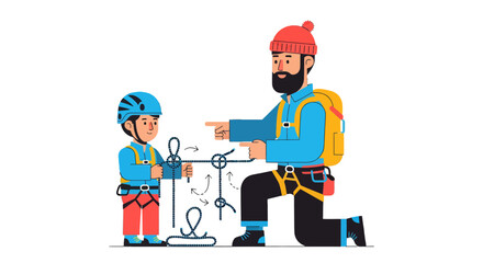 Climbing Instructor Demonstrating Knot Tying Techniques To Aspiring Climber