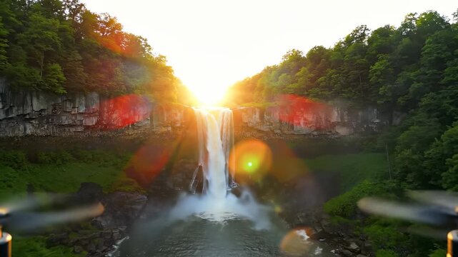 A stunning waterfall tumbles down rocky cliffs as the sun rises above the horizon. The vibrant sunlight illuminates the waterfall, creating a serene and tranquil atmosphere in natu