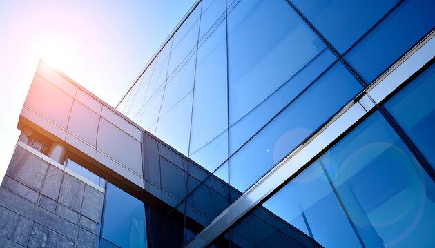 Modern building exterior with blue glass facade reflecting the sky, bathed in sunlight