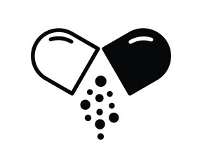 Open Capsule Pill icon. Open capsule with granules for medicine, health, and pharmaceutical concepts. flat black solid vector.