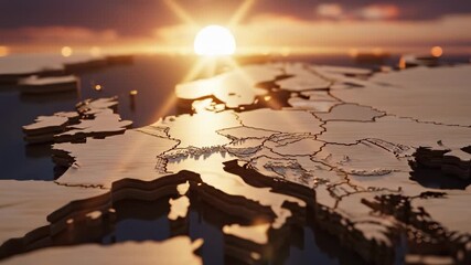 A detailed wooden map of Europe is illuminated by a radiant sunrise reflecting off the calm water below. The sunrise highlights the edges of the land, enhancing the map's features.