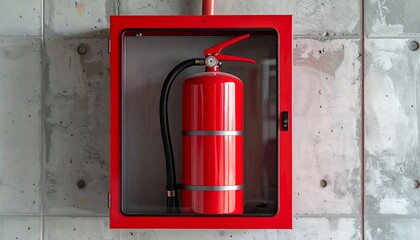 Red fire extinguisher secured in bright red cabinet mounted on a gray, textured concrete wall in safety awareness