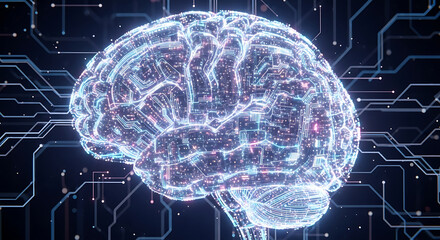 Digital human brain with glowing circuits and lines on a dark blue and black background design ai generated