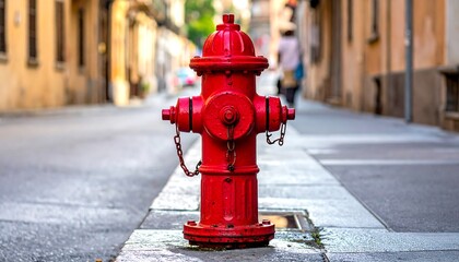Red fire hydrant on a city street, centered on a sidewalk, with a blurred person and buildings in the background
