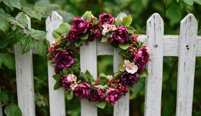 Floral wreath adorns a weathered white picket fence in lush greenery.