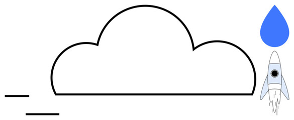 Large cloud outline, ascending rocket, blue water drop. Ideal for technology, innovation, environment, creativity, startup growth, digital transformation simple flat metaphor