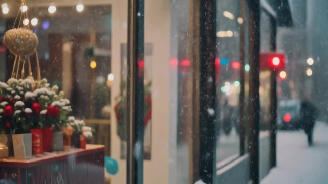 窓の外に雪が降る、美しく装飾されたブティックウィンドウ