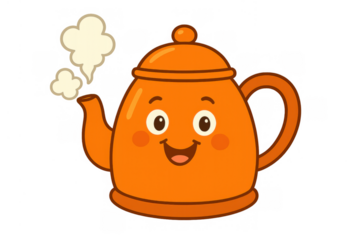Cute orange cartoon teapot character smiling and letting out steam, illustrating hot beverages, morning tea time, and kitchenware