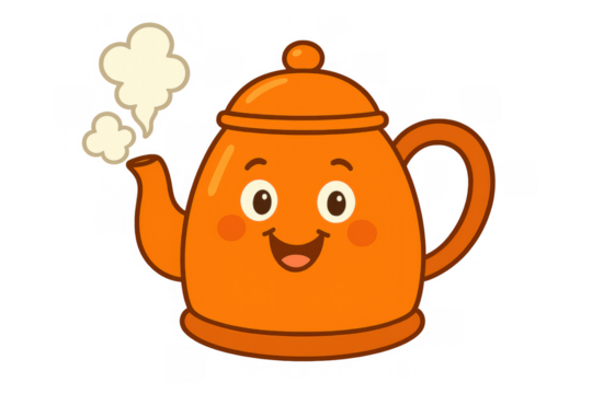 Cute orange cartoon teapot character smiling and letting out steam, illustrating hot beverages, morning tea time, and kitchenware