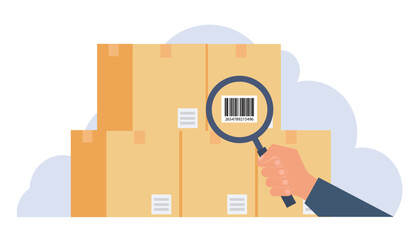 Barcode tracking and inventory identification. Hand Holding Magnifying Glass to Scan Product Label.