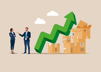 Sales rise. The growth rate in the production of products. Many of cardboard boxes and a green arrow up. Demand, exports and imports. Flat vector illustration