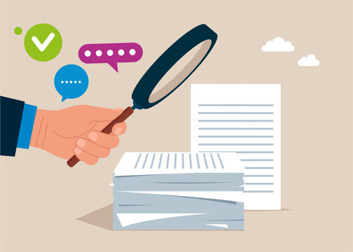Hand holds a magnifying glass next to a stack of documents, studying working documentation and teamwork. Vector flat illustration