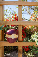 Half-eaten apple placed on a wooden garden trellis