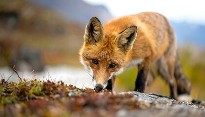 Red fox stands on a rocky terrain, its body angled down, head lowered, gazing towards something at its feet