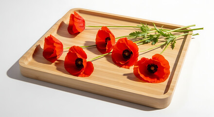 Red poppy flowers arranged on a light wooden tray against a white background in a studio setting ai generated