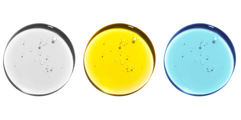 Texture swatch of blue, yellow hyaluronic acid serum gel on transparent isolated background, macro....