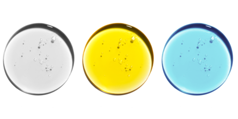 Texture swatch of blue, yellow hyaluronic acid serum gel on transparent isolated background, macro. Detergent, cosmetics, laboratory. A round drop in a petri dish
