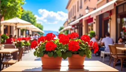 Red geraniums on a table, blurring to a cafe-lined street under a bright sky, capturing a vibrant, bustling scene