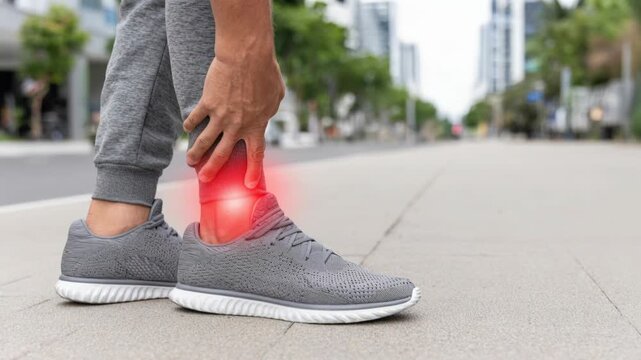 A close-up of a person experiencing acute ankle pain while standing on a city sidewalk, highlighted with a red glow to indicate discomfort or inflammation, suggesting a sports injury or strain.