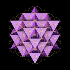 Sacred Geometry, 3D Tetrahedron platonic solids, Flower of Life, gold and purple Mandala, seed of life, symbol of harmony and balance. Mystical talisman, vector isolated on black background