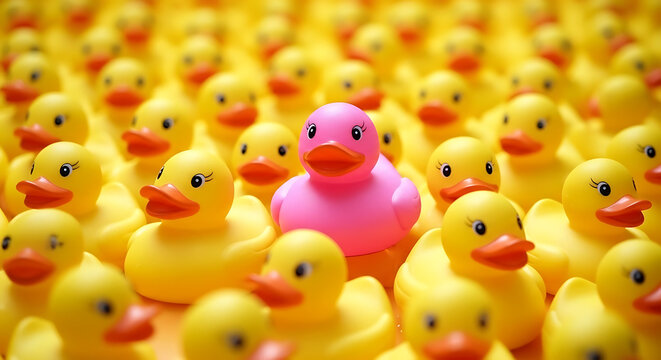 A pink rubber duck among many yellow rubber ducks.